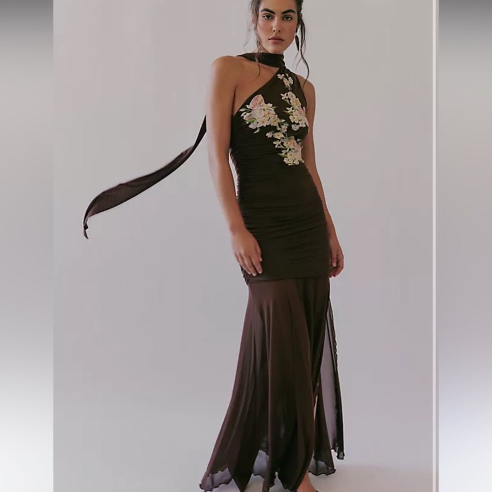 Anthropologie SAEMDI chocolate brown embroidered floral w neck scarf maxi large - Picture 3 of 16